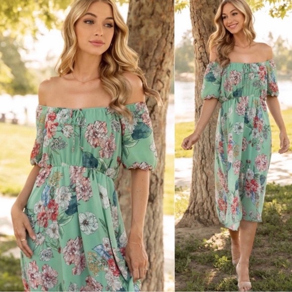 Private Label Dresses & Skirts - (54)🌷New Sage Mint Floral Off The Shoulder Cute Spring Summer Midi Dress🌷